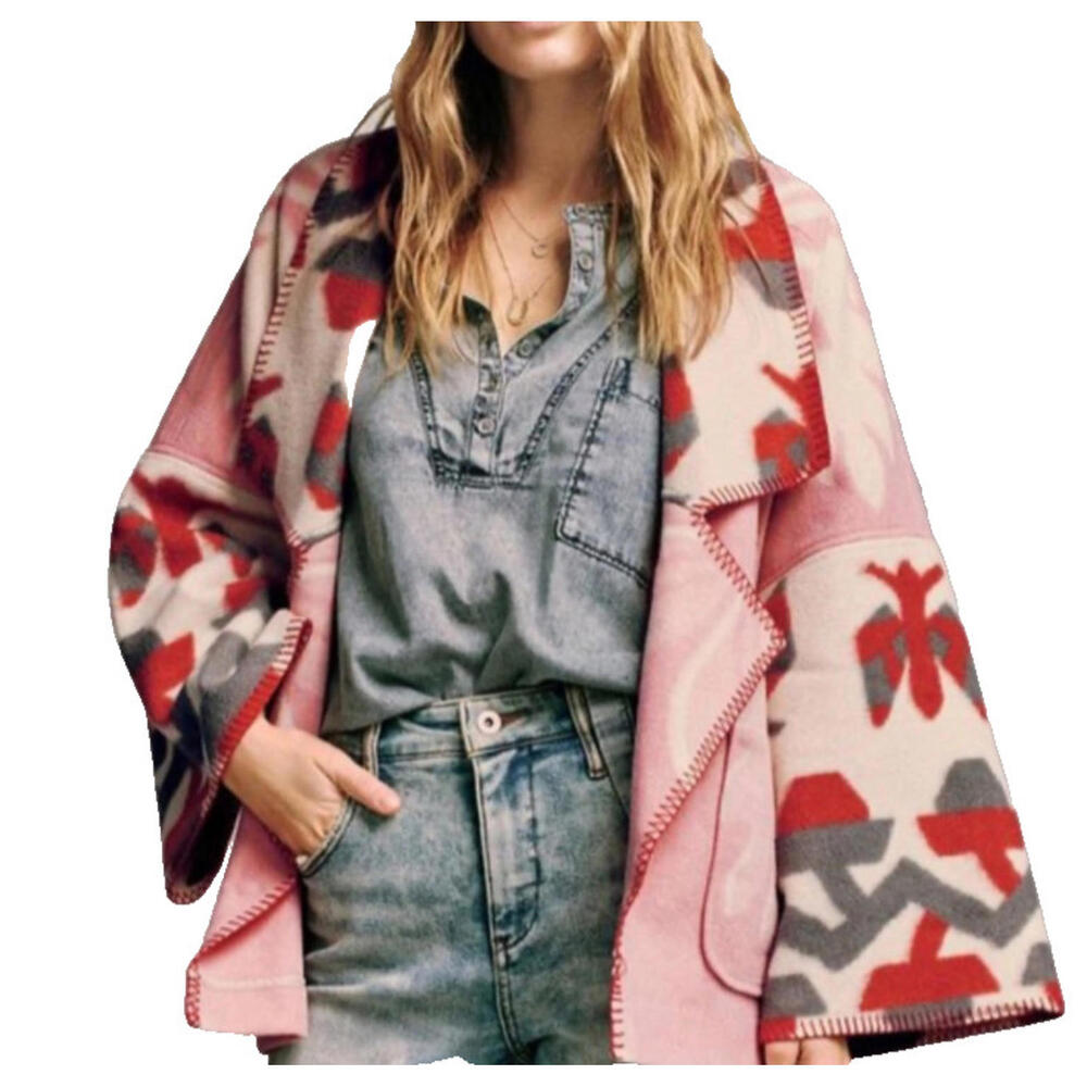 Anthropologie Heidi Kimono Jacket Easy Fit Pockets Pink Ivory Wine Size M # 1096